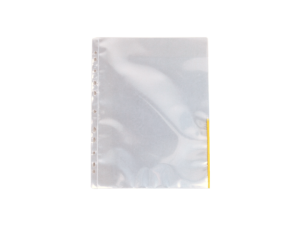 Folie de protectie Esselte, A4, deschidere superioara si lateral dreapta, margine galbena, 105 mic, 100 buc/set, cristal Folie de protectie Esselte, A4, deschidere superioara si lateral dreapta, margine galbena, 105 mic, 100 buc/set, cristal