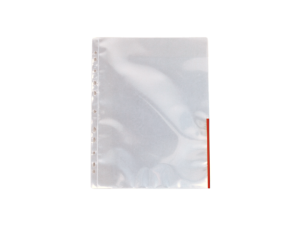 Folie de protectie Esselte, A4, deschidere superioara si lateral dreapta, margine rosie, 105 mic, 100 buc/set, cristal Folie de protectie Esselte, A4, deschidere superioara si lateral dreapta, margine rosie, 105 mic, 100 buc/set, cristal