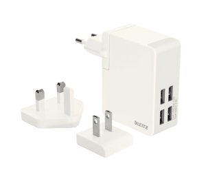 Incarcator Leitz Complete, pentru perete, 4 porturi USB-A (adaptor EU, US, UK), 24W, 2.4A, alb